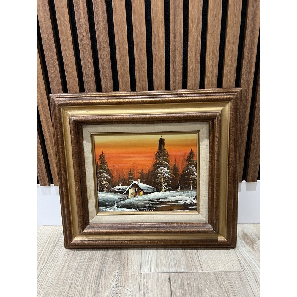 Vintage Signed Original Oil Painting Winter Cabin Snow Landscape 20x18 Framed